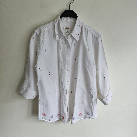 Vintage Talbots White Linen Blend Floral Embroidered Button Up Shirt. 3/4 Sleeve - Picture 2 of 10
